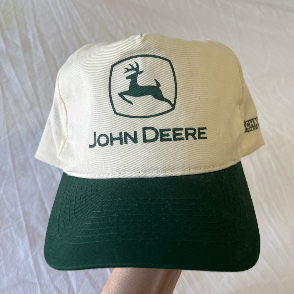 John Deere | Otto Vintage Advertising White Green Snapback Hat | Burlington WI